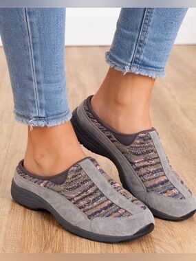Easy Spirit Traveltime Women’s 9W Gray Knit Suede Slip On Mule Walking Clogs
